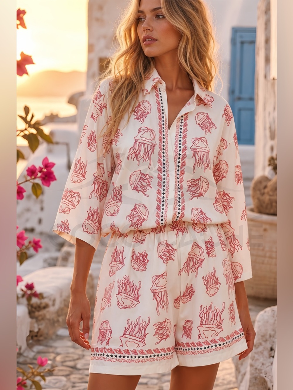Casual Jellyfish blouse & Shorts Loose Fit Sea Life Print Beach Coverup